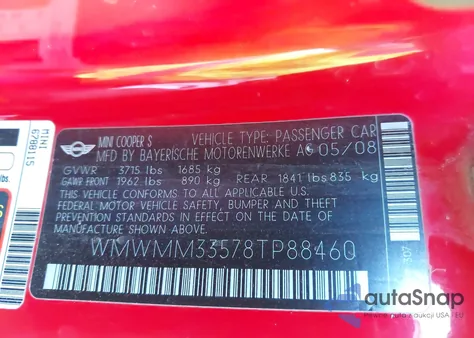 2008 Mini Cooper S Clubman из США, поврежденный, VIN WMWMM33578TP88460